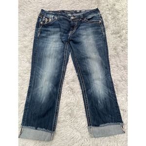 Miss Me Mid Rise Easy Cropped Jeans Sz 32 Bling Flap Pocket Embroidered Gold